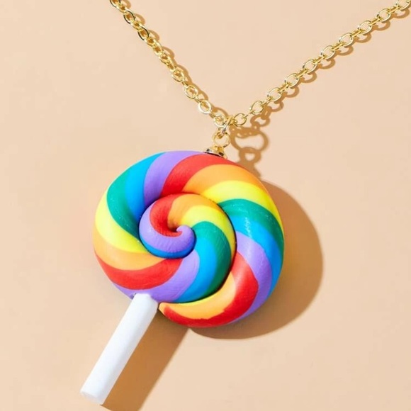 Polymer clay rainbow lollipop necklace - Picture 2 of 3
